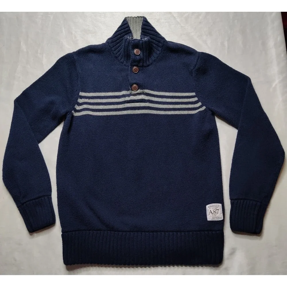 AEROPOSTALE Men Medium Blue Henley Mock Neck Cotton Acrylic Blend Sweater‎